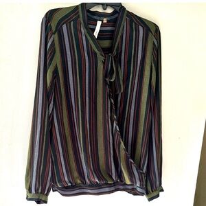 NY Collection Multicolor Striped dress Blouse with tie accent.